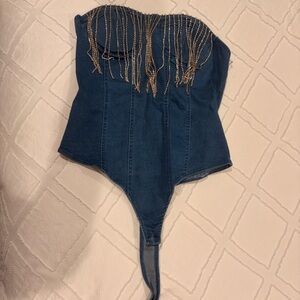 Denim Corset with Rhinestone Fringe